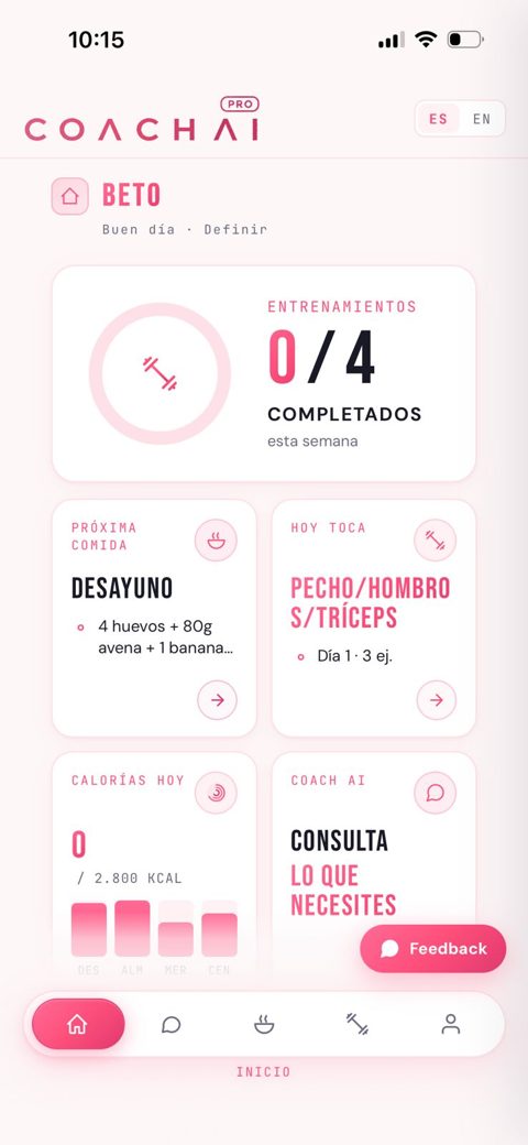 Pantalla de inicio con rutina y calorías